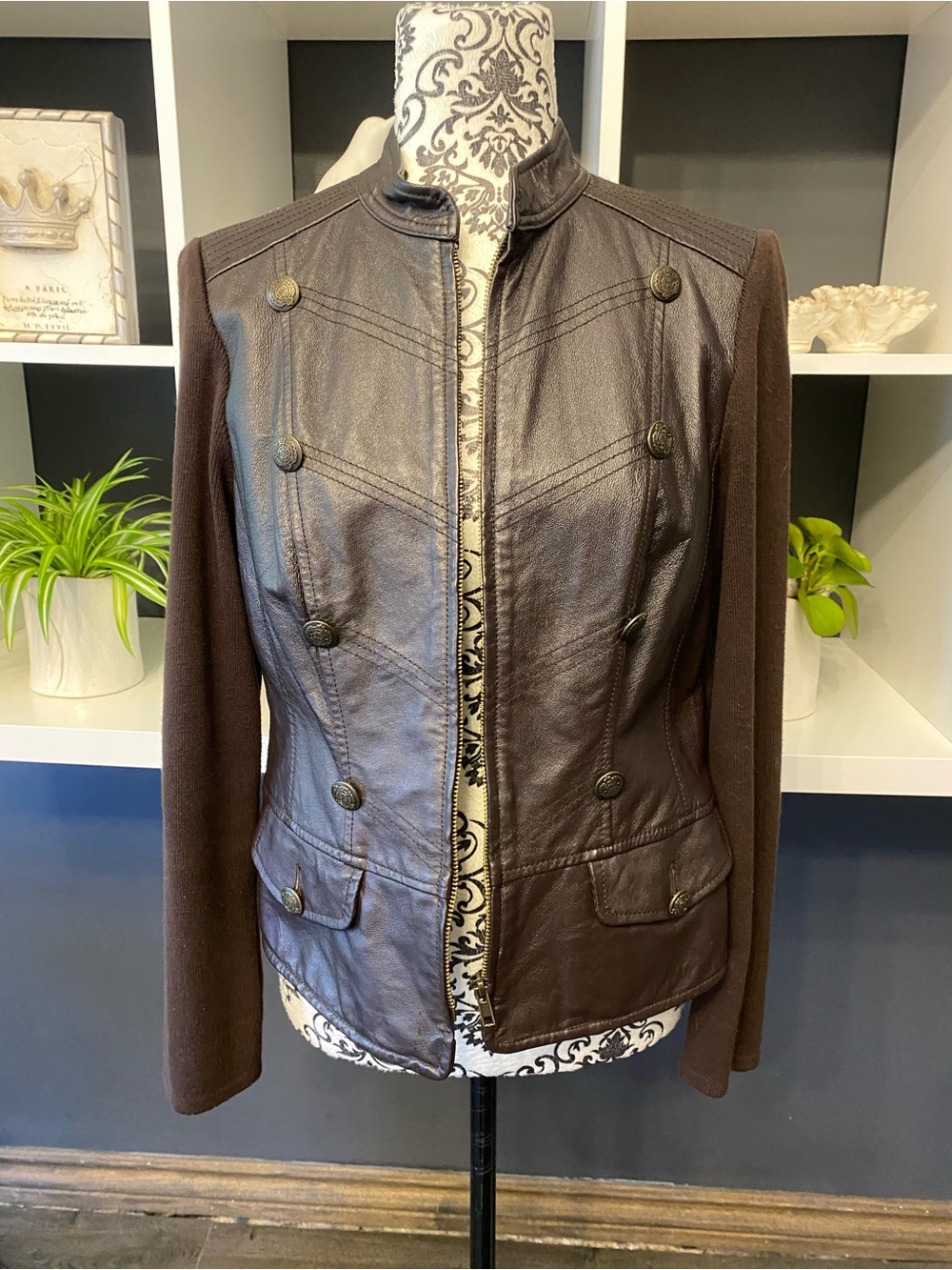 Excellent Condition Vintage Leather Bianca Nygard Brown Military-Style Jacket M